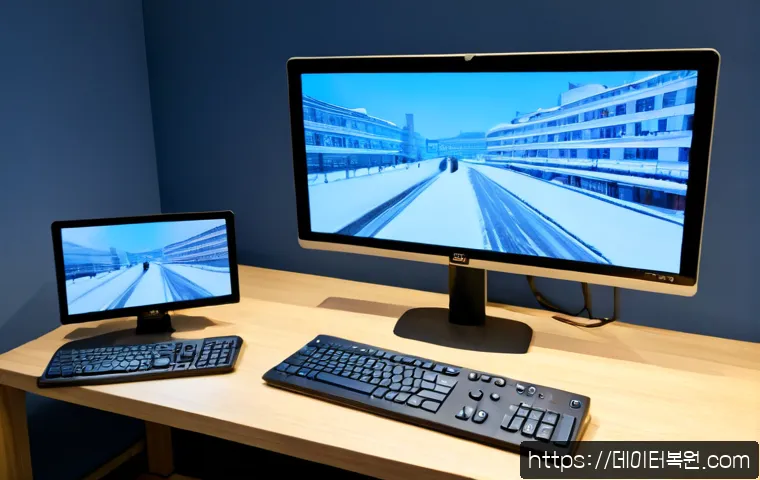 운니동 CLOCK_WATCHDOG_TIMEOUT - Photorealistic remote-support workstation in a quiet Unni-dong design studio, dual monitors frozen o...