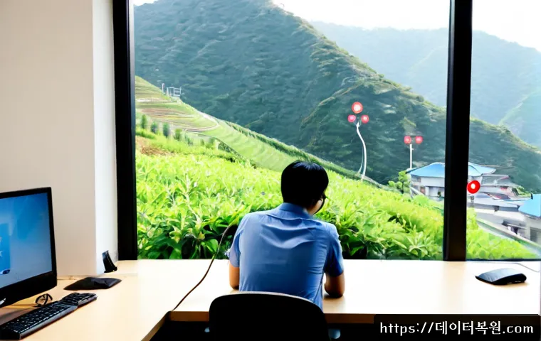 만리동 STATUS_CONNECTION_REFUSED - Photorealistic remote IT support workstation in a compact Malli-dong office, dual monitors showing a...