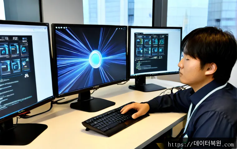 수서동 INVALID_KERNEL_HANDLE - Photorealistic IT support workstation in a modern Seoul office near a transit district, dual monitor...