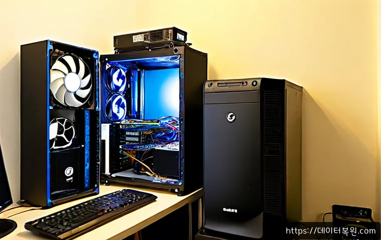 궁동 본체 꺼졌다 켜졌다 할때 - Photorealistic PC repair workstation in a compact Gungdong apartment, desktop tower repeatedly power...