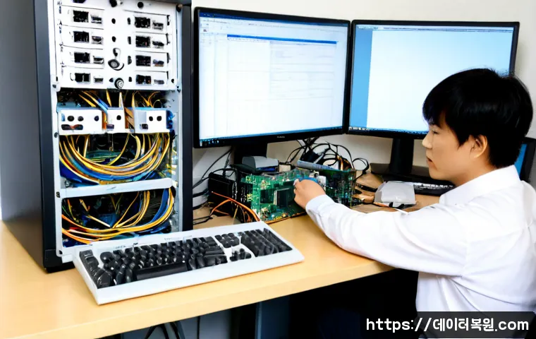 설악면 파워조립 및 교체수리 - Photorealistic computer repair workstation in a quiet mountain-town office, technician installing a ...