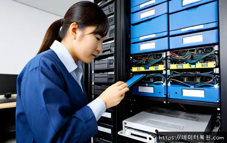 원지동 파일서버출장방문수리점 - Photorealistic on-site file server repair in a compact Wonji-dong office, technician connecting diag...
