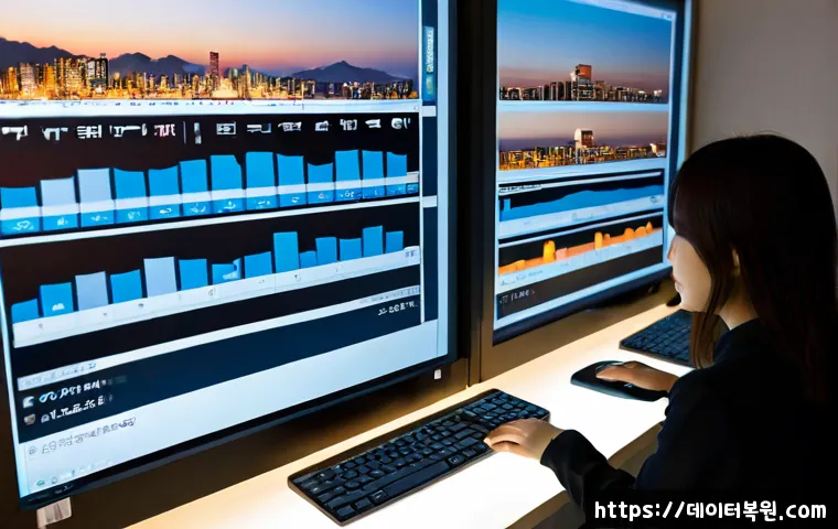 대장동 STATUS_STACK_OVERFLOW - Photorealistic software engineer at a clean dual-monitor workstation, abstract layered status panels...