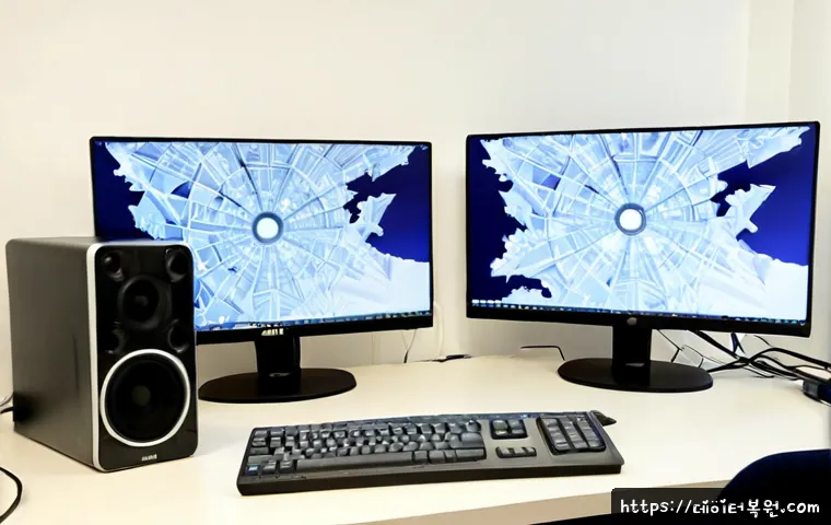 서계동 KERNEL_MODE_HEAP_CORRUPTION - Photorealistic remote-support workstation in a compact Seogye-dong studio office, dual monitors show...