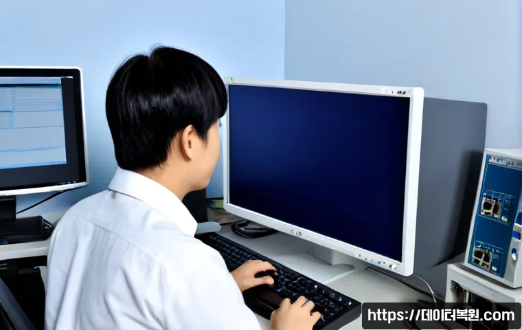 대덕동 BAD_SYSTEM_CONFIG_INFO - Photorealistic IT support workstation in a Daedeok research district office, dual monitors showing a...