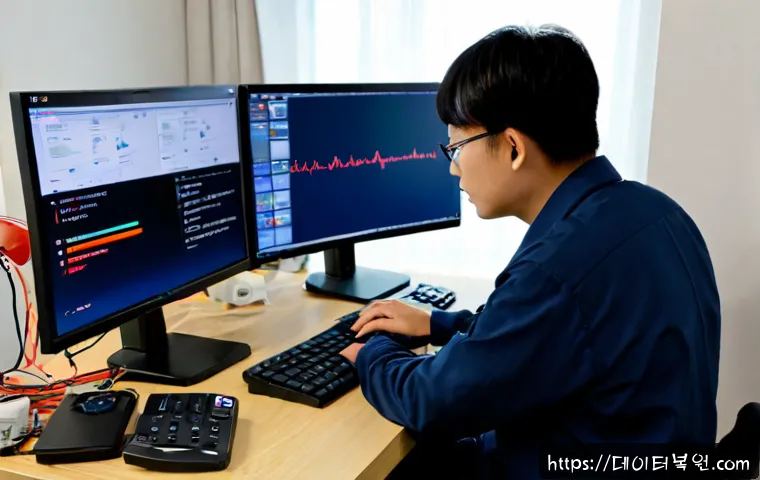 공릉동 DRIVER_VERIFIER_DETECTED_VIOLATION - Photorealistic remote-support workstation in a compact Gongneung-dong apartment office, dual monitor...