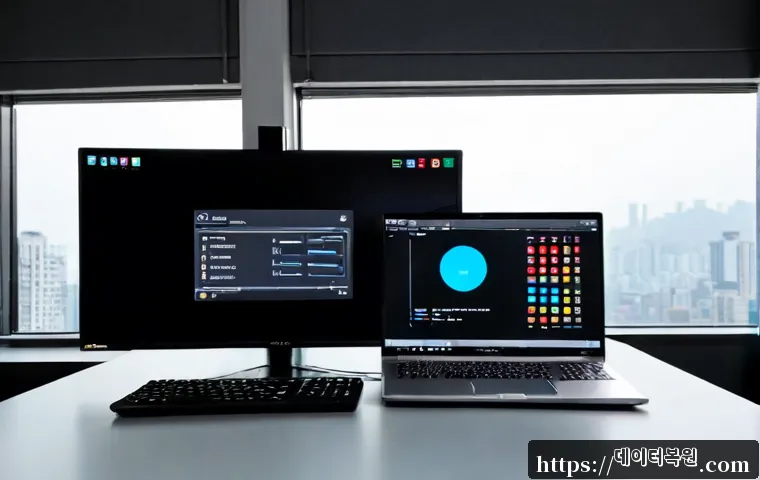 응암동 STATUS_DEVICE_OFFLINE - Photorealistic remote support workstation in a compact Eungam-dong apartment office, ultrawide monit...