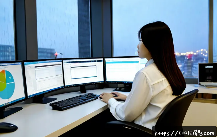 신도림 STATUS_SESSION_TIMEOUT - Photorealistic modern workstation in a high-rise office near a busy transit district, exhausted IT s...