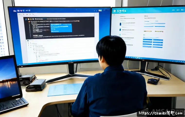 암사동 STATUS_KERNEL_INIT_FAILURE - Photorealistic IT support workstation in Amsa-dong, Seoul, dual monitors showing a blank blue system...
