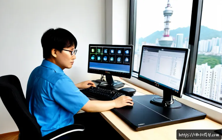 신계동 STATUS_STACK_UNDERFLOW - Photorealistic remote IT support workstation in a compact Singye-dong office, dual monitors showing ...