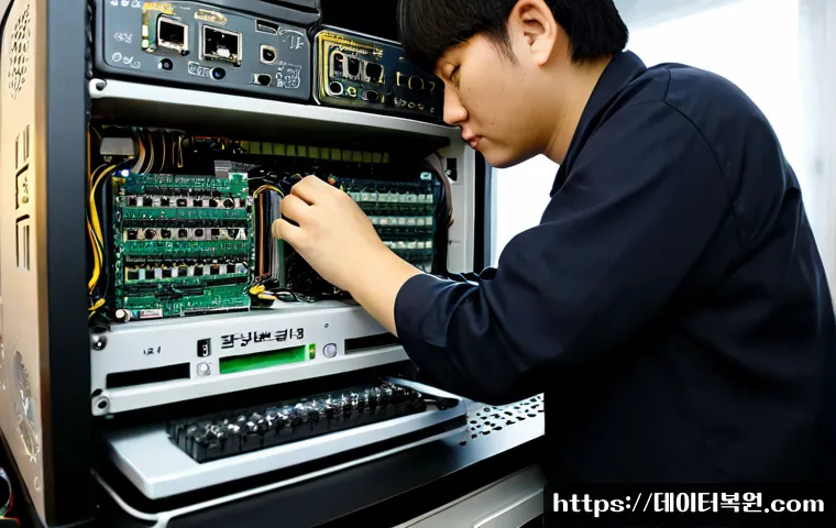 숭인동 HARDWARE_MEMORY_FAILURE - Photorealistic IT technician at a compact Sungin-dong electronics repair workstation, carefully rese...