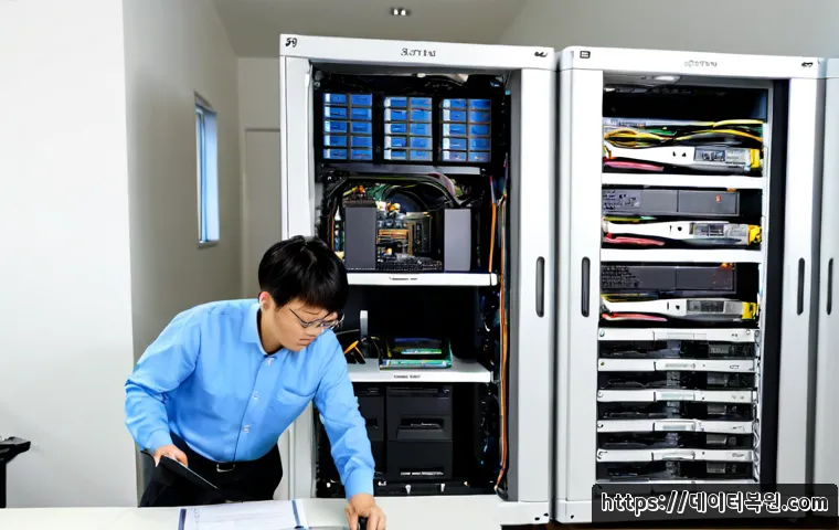 행촌동 파일서버출장방문수리점 - Photorealistic onsite file server repair inside a compact hillside neighborhood office, technician r...