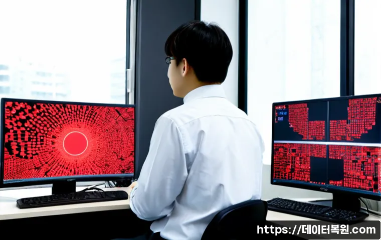 쌍림동 ATTEMPTED_EXECUTE_OF_NOEXECUTE_MEMORY - Photorealistic IT support workstation in a compact Seoul office, dual monitors showing abstract bloc...