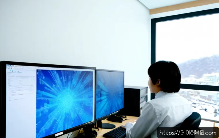 개화동 KERNEL_DATA_INPAGE_ERROR - Photorealistic remote IT support workstation in a quiet Gaehwa-dong office, dual monitors showing a ...