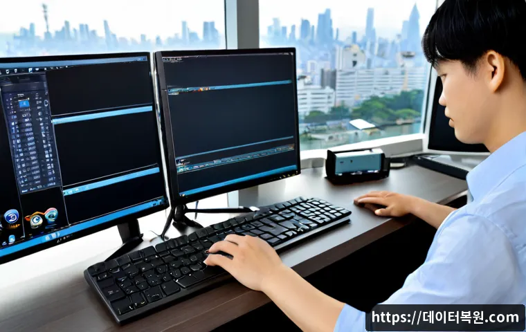 태평로 THREAD_TERMINATION_PORT - Photorealistic IT support workstation in a Taepyeong-ro office tower, engineer reviewing a detailed ...
