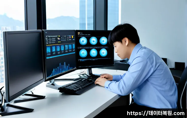 서초구 KERNEL_MODE_HEAP_CORRUPTION - Photorealistic IT support workstation in a modern Seocho business office, dual monitors showing a fr...