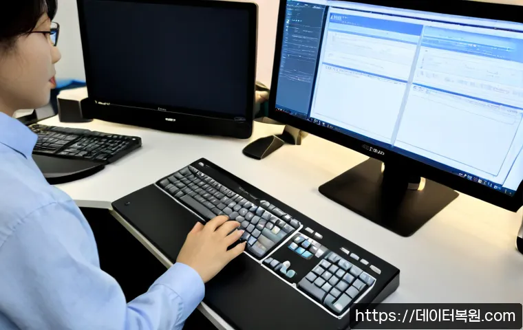 신도림 Press Ctrl Alt Del to restart - Photorealistic remote-support workstation in a Sindorim-style high-rise office, dual monitors showin...