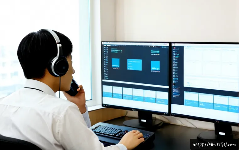 수궁동 STATUS_ILLEGAL_INSTRUCTION - Photorealistic remote-support specialist at a dual-monitor workstation in a compact Seoul apartment ...
