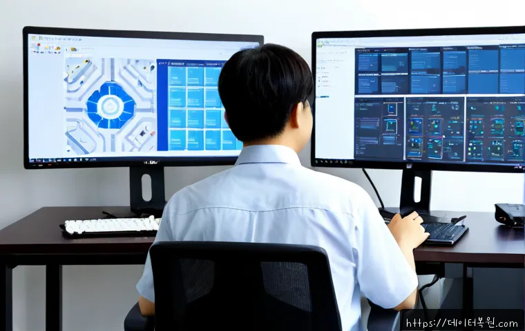 주성동 STATUS_MEMORY_ACCESS_DENIED - Photorealistic IT support workstation in a modern Juseong-dong office, dual monitors showing abstrac...