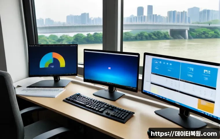 당산동 POOL_HEADER_CORRUPTION - Photorealistic IT support workstation in a modern Dangsan-dong office, dual monitors showing a blank...