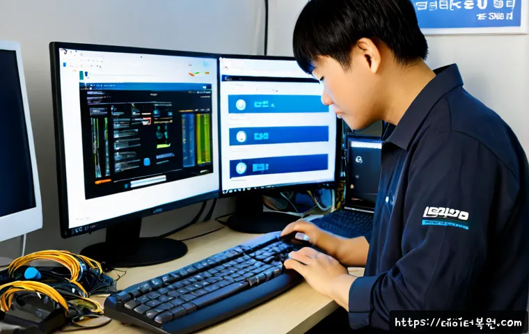 장안동 공장초기화복구 - Photorealistic remote-support workstation in a compact Jangandong electronics repair office, technic...