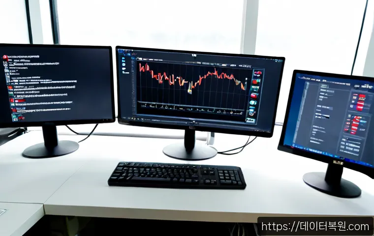 양평동 STATUS_CONNECTION_REFUSED - Photorealistic IT support workstation in a compact Yeongdeungpo office, dual monitors showing an abs...
