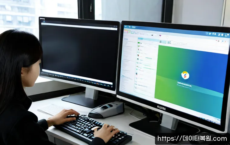 가리봉 Press Ctrl Alt Del to restart - Photorealistic remote-support workstation in a compact Garibong neighborhood office, desktop monitor...