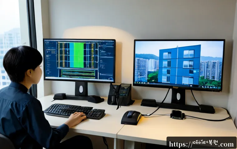 무악동 STATUS_SYSTEM_PROCESS_TERMINATED - Photorealistic IT support workstation in a compact Mugak-dong apartment office, dual monitors showin...