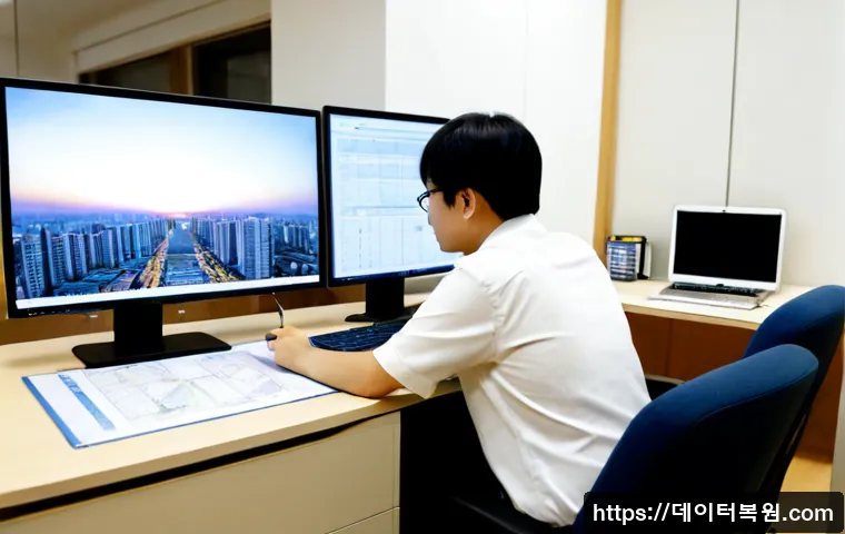대장동 STATUS_FILE_LOCK_CONFLICT - Photorealistic architectural workstation in a modern Korean development office, two engineers simult...