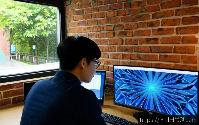 연남동 CLOCK_WATCHDOG_TIMEOUT - Photorealistic remote IT support workstation in a compact Yeonnam-dong creative studio, desktop moni...