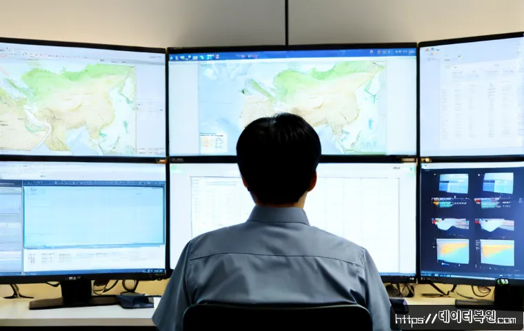 의주로 ATTEMPTED_EXECUTE_OF_NOEXECUTE_MEMORY - Photorealistic IT security workstation in a compact Euljiro office, dual monitors showing abstract m...