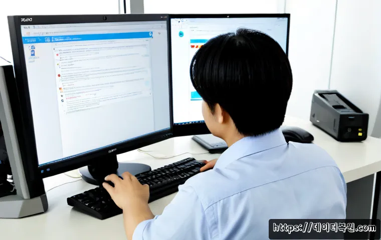 상면 SYSTEM_LICENSE_VIOLATION - Photorealistic IT support workstation in a modern Seoul office, technician reviewing a desktop monit...