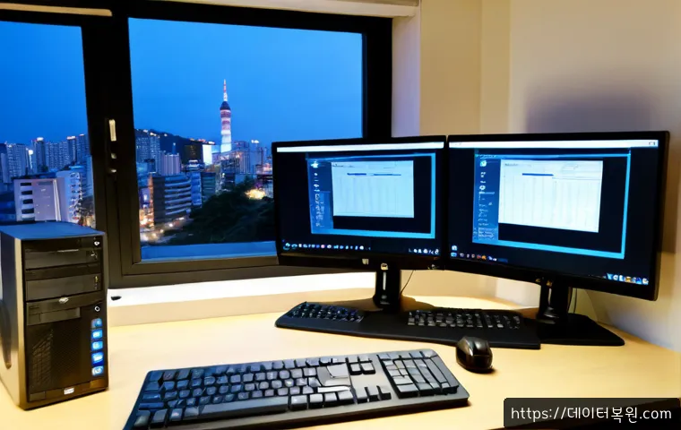 천호동 자동복구 - Photorealistic IT support workstation in a compact Cheonho-dong office, dual monitors showing a clea...