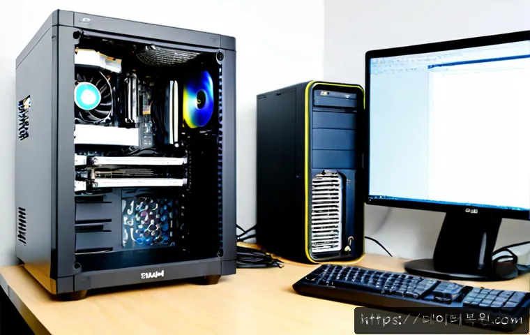 동교동 쿨러조립 및 교체수리 - Photorealistic PC repair workstation in a compact Donggyo-dong studio office, technician installing ...