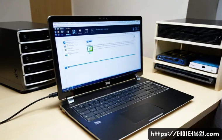 증산동 나스 nas 설정및수리 - Photorealistic IT technician configuring a compact four-bay network storage device on a tidy home-of...
