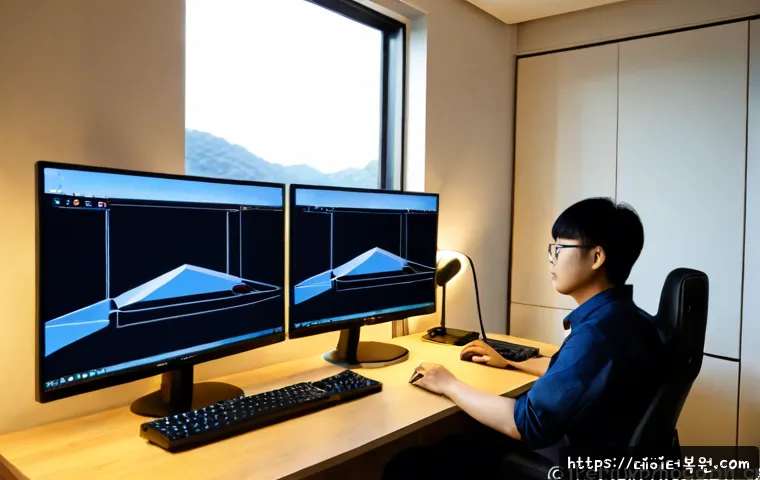 청룡동 모니터화면 안나옴 - Photorealistic remote-support workstation in a compact Korean apartment office, dual monitors with o...