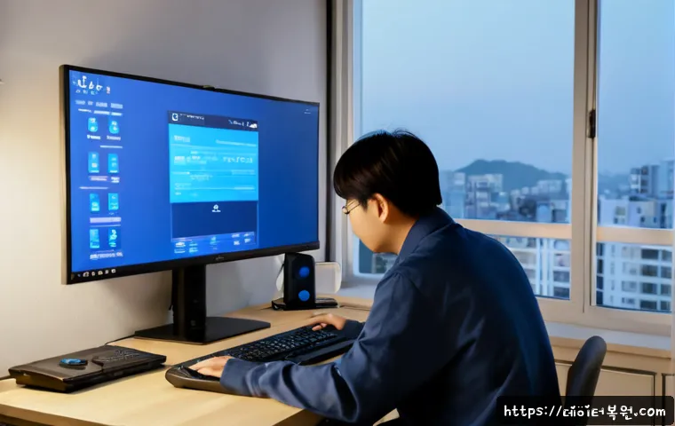 하중동 STATUS_KERNEL_DATA_CORRUPTION - Photorealistic remote-support workstation in a quiet Hajung-dong apartment, dual monitors showing a ...