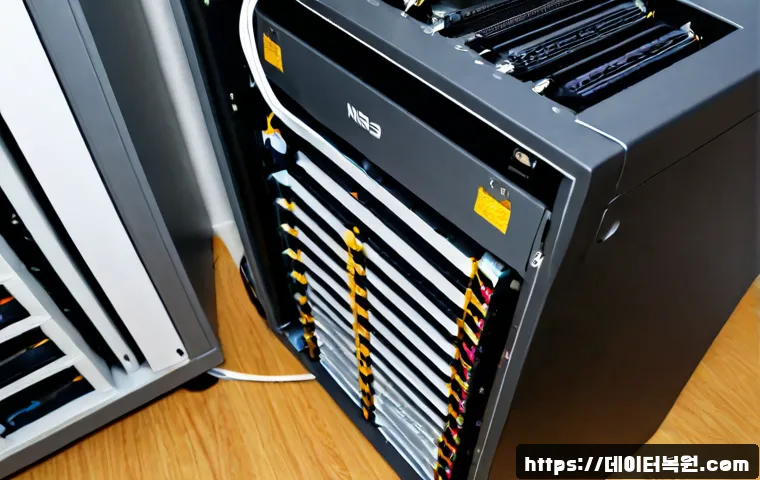 문봉동 NAS출장방문수리점 - Photorealistic onsite NAS repair in a compact Mungbong-dong apartment study, technician connecting n...