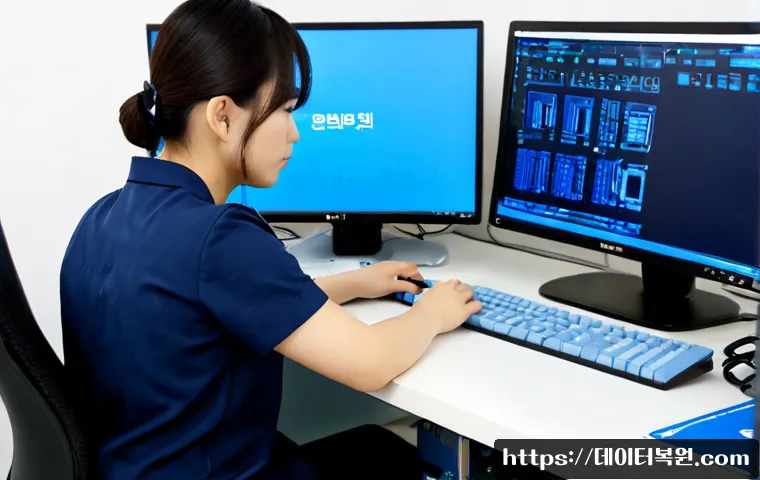 옥천동 STATUS_KERNEL_MODE_EXCEPTION - Photorealistic IT support workstation in a compact Korean neighborhood office, dual monitors showing...