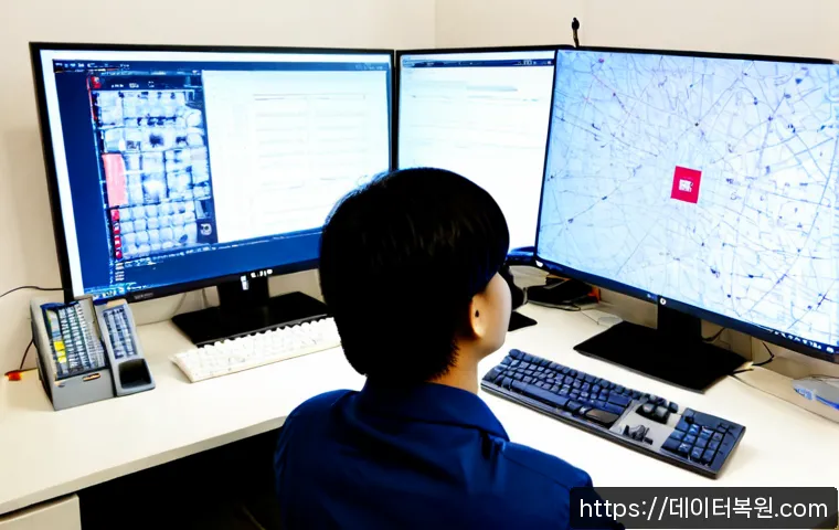 장안동 악성코드 바이러스 - Photorealistic cybersecurity technician in a compact Jangandong office, inspecting a dual-monitor wo...