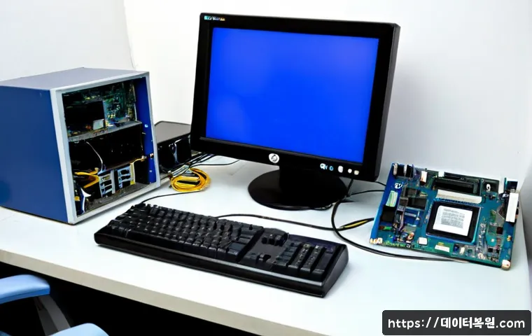 황학동 블루스크린 - Photorealistic computer repair workstation in an older electronics market district, desktop monitor ...