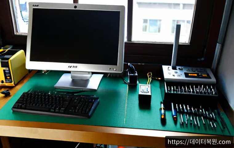 합정동 맥미니 판매 및 수리 - Photorealistic compact computer repair bench in a cozy Hapjeong-dong electronics workshop, opened si...