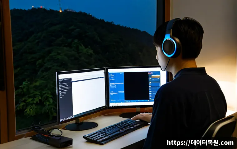 인헌동 STATUS_INVALID_PAGE - Photorealistic remote-support workstation in a compact apartment near a wooded Seoul hillside, dual ...
