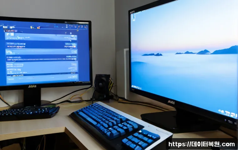 암사동 VIDEO_DRIVER_INIT_FAILURE - Photorealistic remote-support workstation in a quiet Amsa-dong apartment, dual monitors showing a bl...