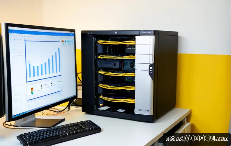 용신동 STATUS_DISK_NOT_INITIALIZED - Photorealistic IT support workstation in a compact Yongsin-dong office, technician examining a deskt...