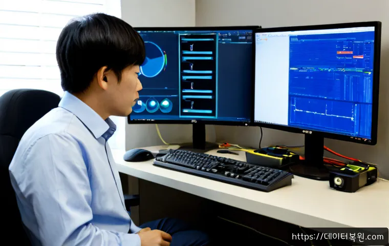 내자동 SYSTEM_THREAD_EXCEPTION_NOT_HANDLED - Photorealistic IT support workstation in a quiet Naeja-dong office, dual monitors showing an abstrac...