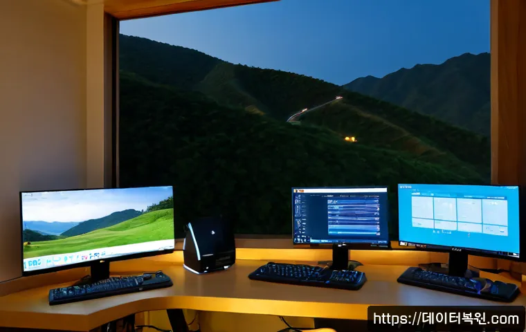 북면 절전모드 - Photorealistic remote-support workstation in a quiet North Myeon home office, dual monitors showing ...