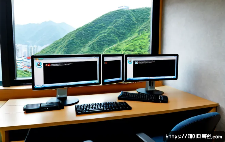 아현동 STATUS_FILE_READ_FAILURE - Photorealistic remote-support workstation in Ahyeon-dong, dual monitors showing a blank file browser...