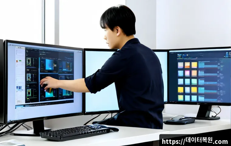 본동 윈도우10 windows10 재설치 포맷  초기화 - Photorealistic IT technician reinstalling an operating system on a modern desktop workstation, clean...
