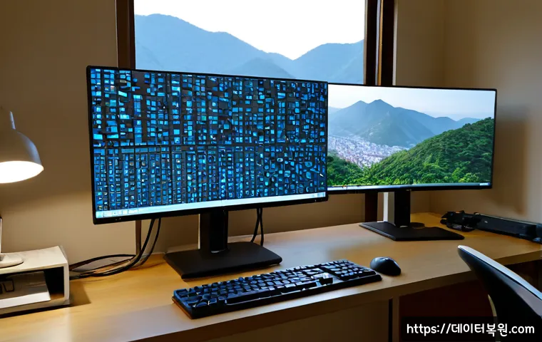 청운동 STATUS_STACK_UNDERFLOW - Photorealistic remote-support workstation in a quiet hillside Seoul neighborhood apartment, dual mon...